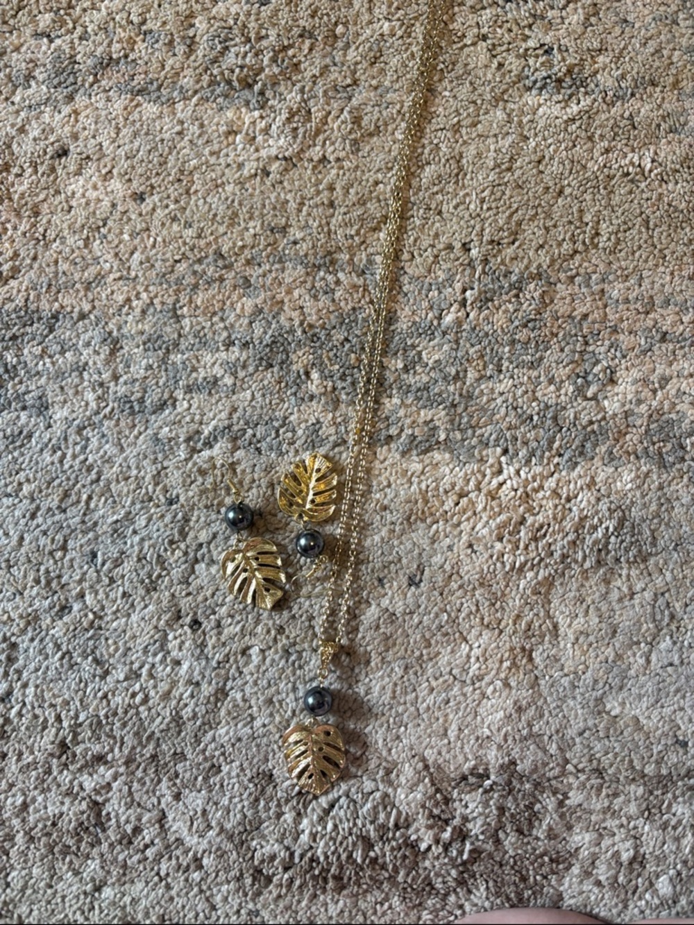 Gold Leaf Pendant Necklace with matching earrings Dark  Hematite Beads